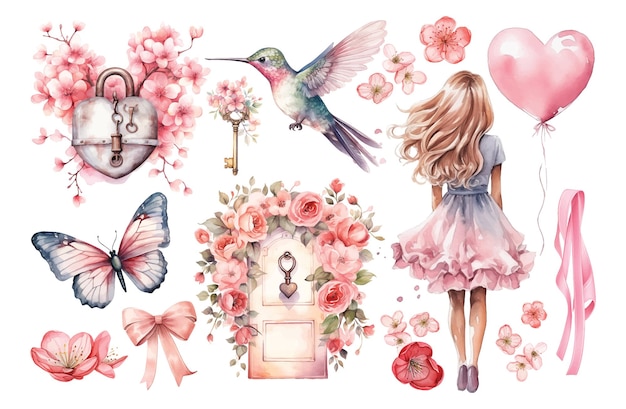 Aquarel vogel vlinder vrouw en bloemen Valentijnsdag illustratie