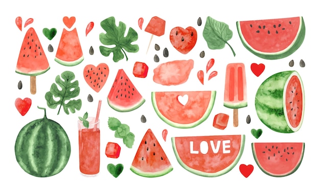 Aquarel watermeloen clipart set zomer rijp fruit Watermeloen party