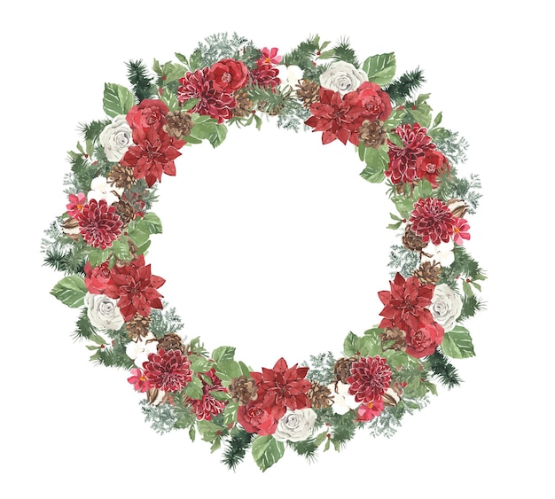 Aquarel winter kerst ronde krans met dennennaalden en rode bloemen