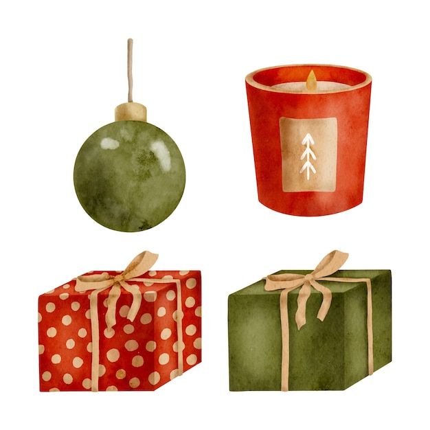 Aquarel winter woondecoratie set met kaars kerstbal en geschenkdozen