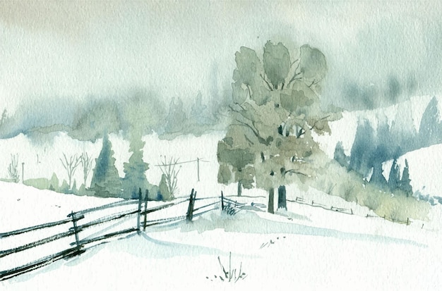 Aquarel winterlandschap met illustratie van bomen