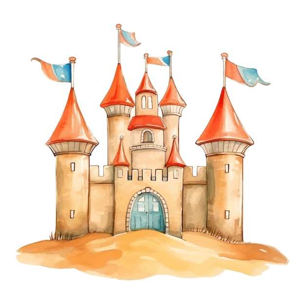 Aquarel zandkasteel illustratie Hand getekend huis met torens en vlag gebouwd door kinderen