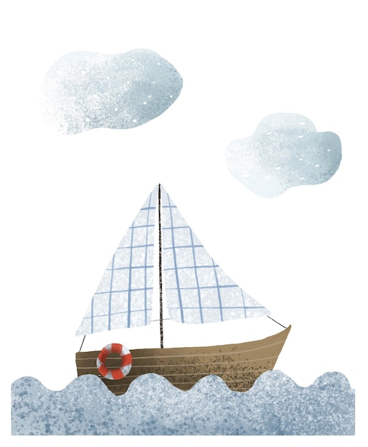 Vector aquarel zeelandschap met golven vector kinderachtige kinderkamer scheepstransport bootzeil