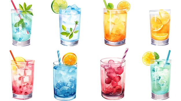 Aquarel zomer drankjes clipart ingesteld op witte achtergrond