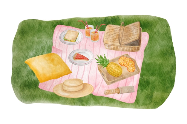 Vector aquarel zomer picknick illustratie hand getekende zomer compositie met picknickmand deken