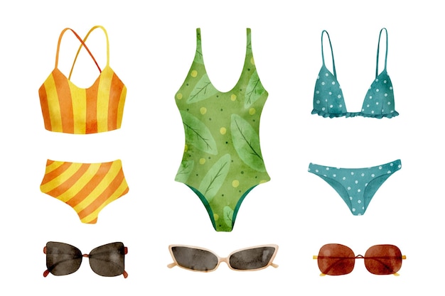 Aquarel zomer strand mode set hand getekende zwemkleding en zonnebril illustratie