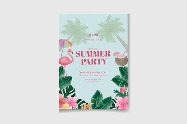 Aquarel zomeravond feest poster sjabloon met bladeren en bloemen