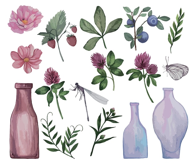 Vector aquarel zomerbloemen en bessen clipart