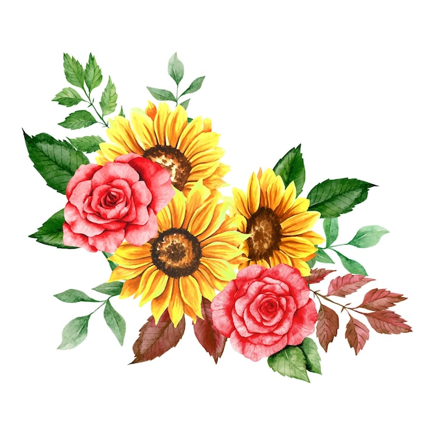 Aquarel zonnebloemen en rode rozen