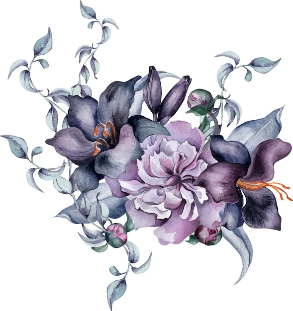 Aquarel zwarte bloemen en bladeren geïsoleerd op wit Gotische bloemenillustratie hand getekend Donkere botanische bruiloft decoratie met lelie pioenroos knop Element voor uitnodiging achtergrond kaart afdrukken