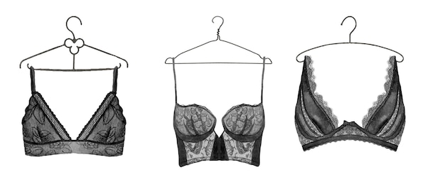 Aquarel zwarte kanten bh's op hangers Zwarte lingerie voor vrijgezellenfeesten