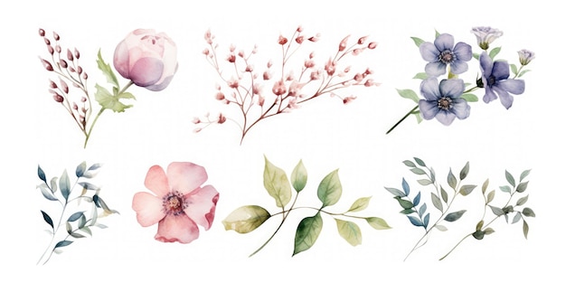 Aquarelbloemen ter illustratie Minimalistische illustrator Bloemencollectie op witte achtergrond
