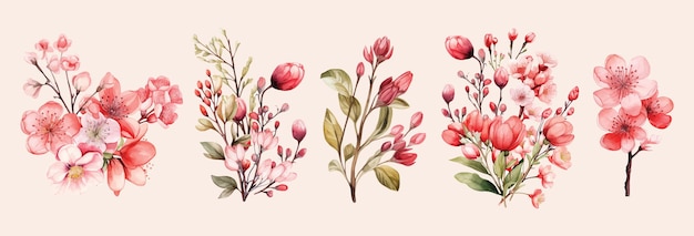 Aquarelboeket met roze wilde voorjaarsbloemen voor Valentijnsdag romantische illustratie