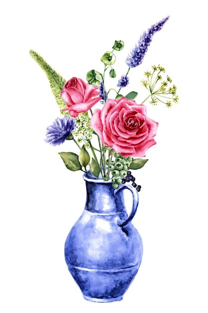 Aquarelboeket van handgetekende bloemen in een blauwe vaas