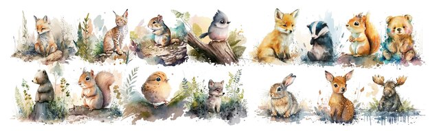 Aquarelcollectie van bosdieren een prachtige set van met de hand geschilderde dieren in het wild, waaronder vos, eekhoorn en wasbeer
