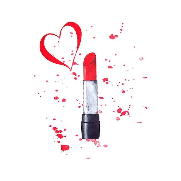 Aquarelhandtekening van rood lippenstifthart en spatten