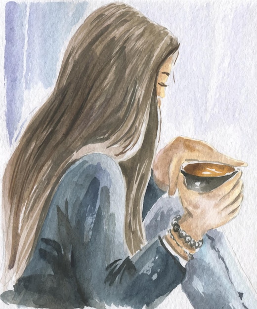 Vector aquarelillustratie van een meisje met lang haar zit met een mok koffie in haar hand