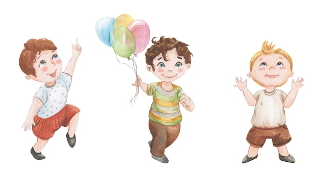 Vector aquarelillustratie van spelende jongens met ballonnen