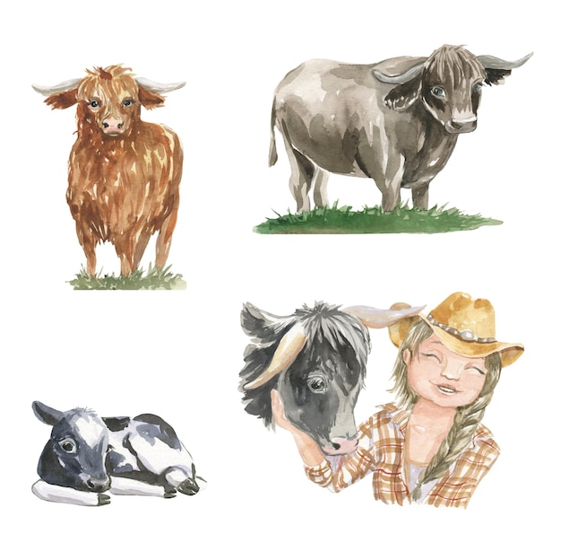 Aquarelillustraties van koeien, kalf, boerenmeisje
