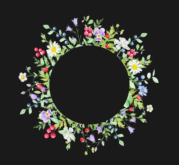 Aquarelkrans van weidebloemen en wilde bessen