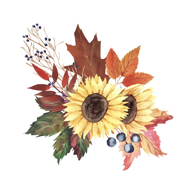 Aquarelkunst met bladeren en bessen. herfstboeket met bloemen en bladeren. vector illustratie