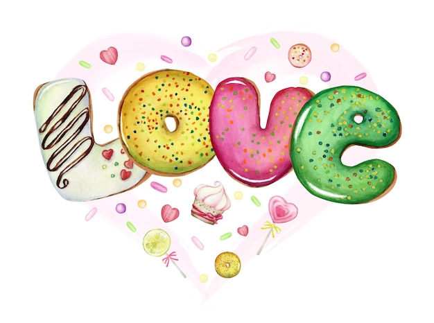 Vector aquarelposter voor valentijnsdaghart en het woord liefdescakes donuts karamel