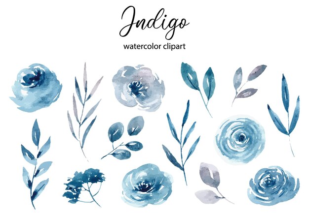 Aquarelset met abstracte donkerblauwe indigo bloemen en bladeren