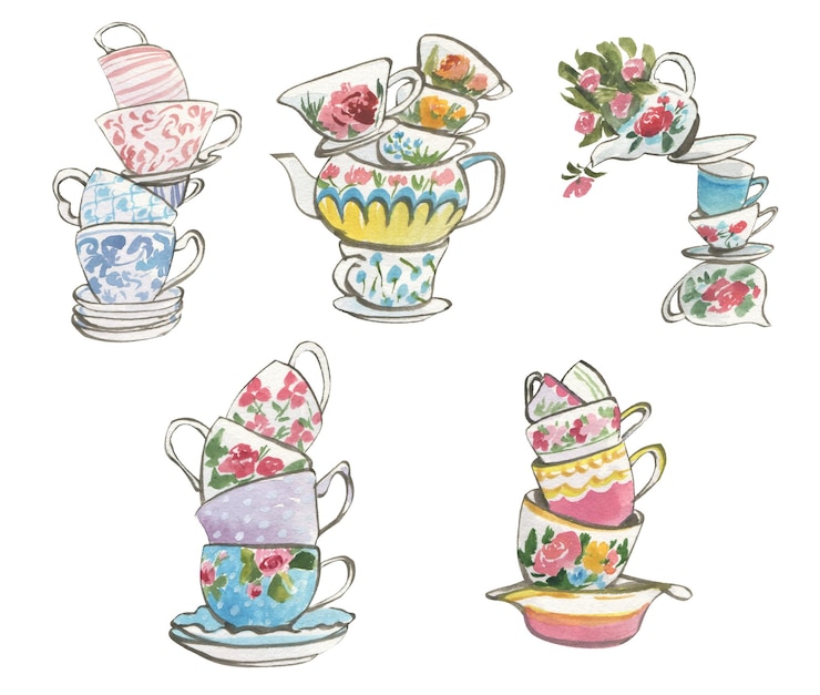 Vector aquarelset van stapels porseleinen victoriaanse kopjes en borden