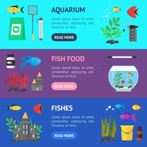 Aquarium Banner Horizontal Set Vector