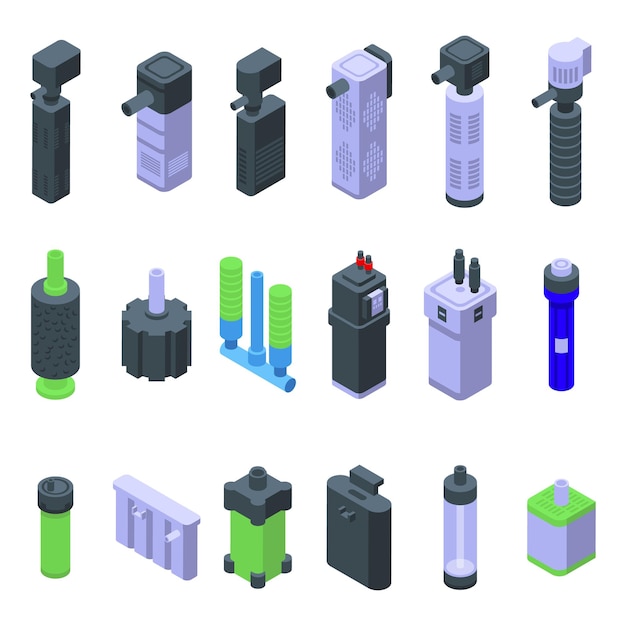 Aquarium filter icons set isometric vector care fish tank air kit