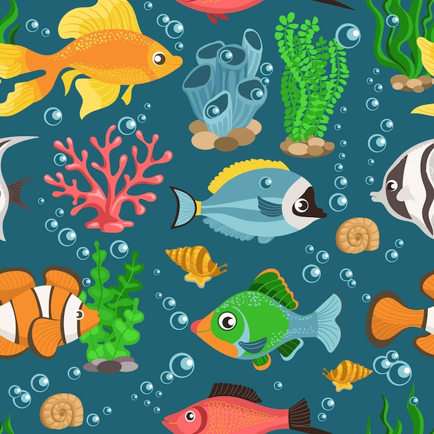 Aquarium fish seamless pattern Colorful underwater creatures Swimming animals Marine tropical fauna Nautical decorative inhabitants Seaweeds and corals Splendid vector background