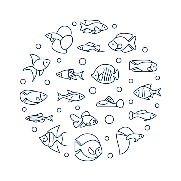 Aquarium fish vector round creative illustration in thin line style