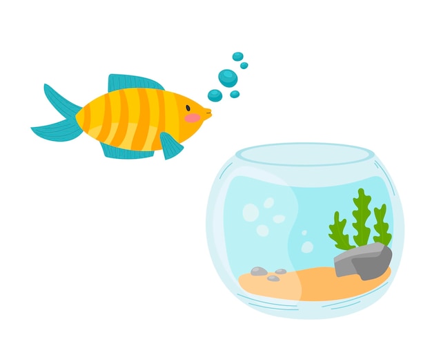 Aquarium golden fish silhouette illustration with water seaweed and bubbles colorful cartoon flat aquarium marine pet for your design