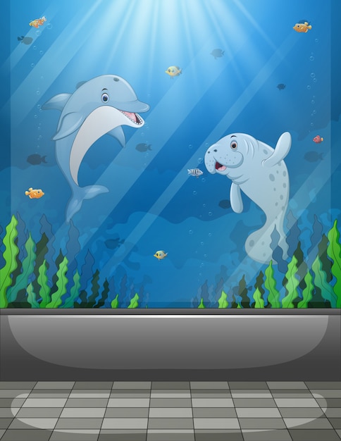 Aquarium scene with sea animals swimming