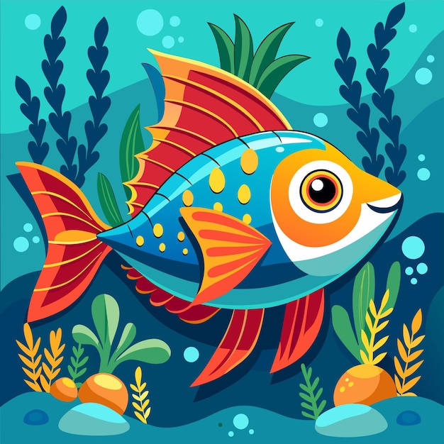 Vector aquarium sea creatures tropical underwater fish marine wildlife hand drawn flat stylish cartoon