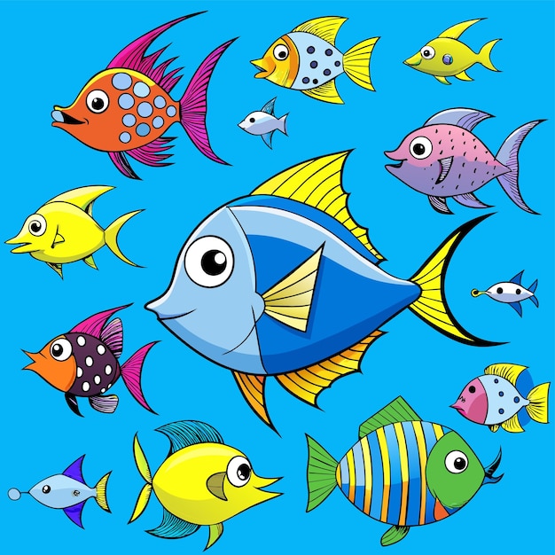 Vector aquarium sea creatures tropical underwater fish marine wildlife hand drawn flat stylish cartoon