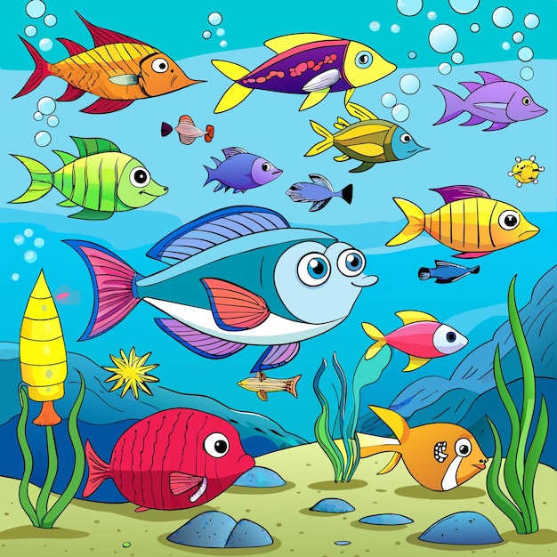 Vector aquarium sea creatures tropical underwater fish marine wildlife hand drawn flat stylish cartoon