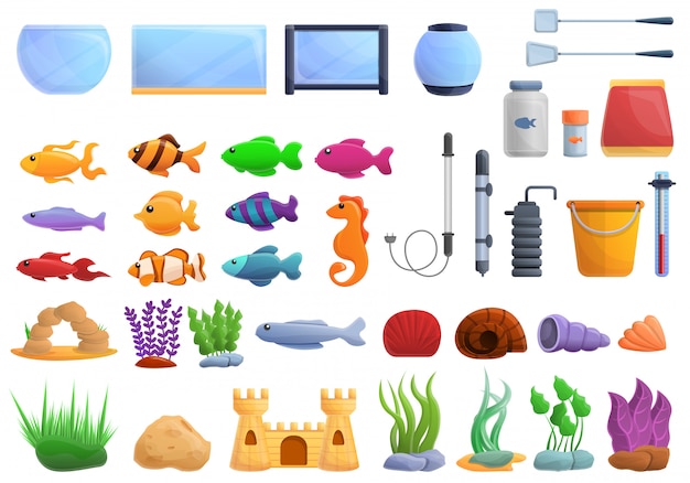 aquarium set, cartoon style
