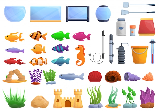 Aquarium set, cartoon style