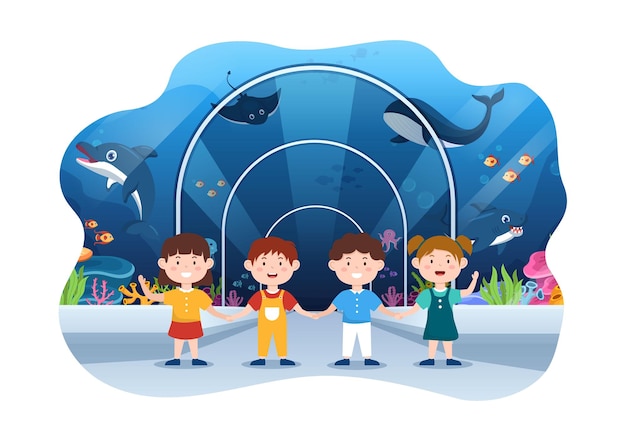 Aquarium Template Hand Drawn Cartoon Flat Illustration with Kids Looking at Underwater Fish Sea