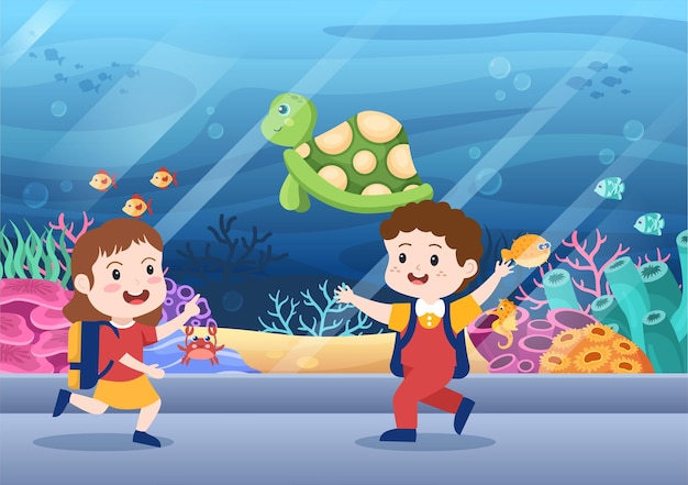 Aquarium template hand drawn cartoon flat illustration with kids looking at underwater fish sea