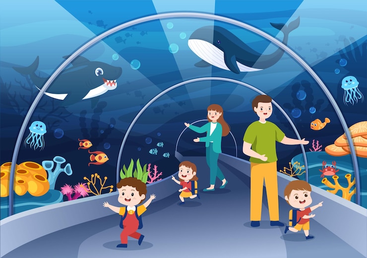 Vector 水中の魚を見て家族や子供たちと水族館テンプレート手描き漫画イラスト