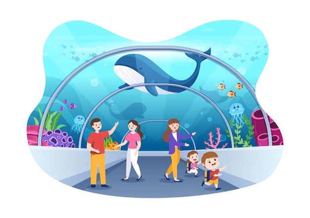 Aquarium Template Hand Drawn Cartoon Illustration with Family and Kids Looking at Underwater Fish