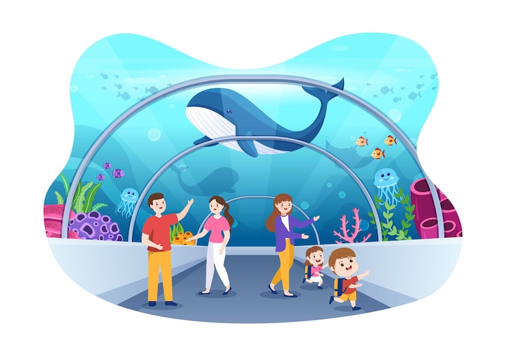 Vector 水中の魚を見て家族や子供たちと水族館テンプレート手描き漫画イラスト