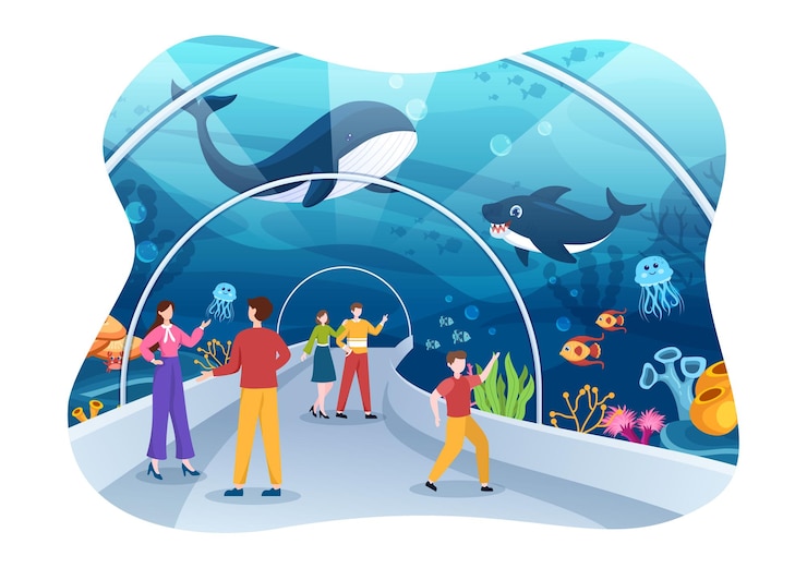 Vector 水中の魚を見て家族や子供たちと水族館テンプレート手描き漫画イラスト