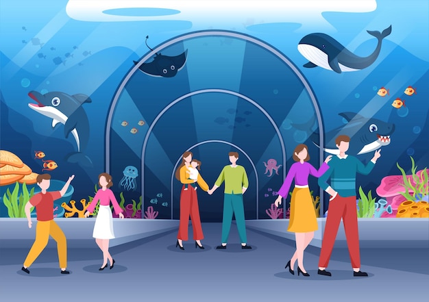 Aquarium Template Hand Drawn Cartoon Illustration with Family and Kids Looking at Underwater Fish