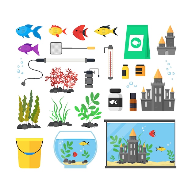 Vector aquarium with fish, blue water and equipment set hobby or decor interior home include of thermometer, bowl, filter and lamp . vector illustration of two aquariumes