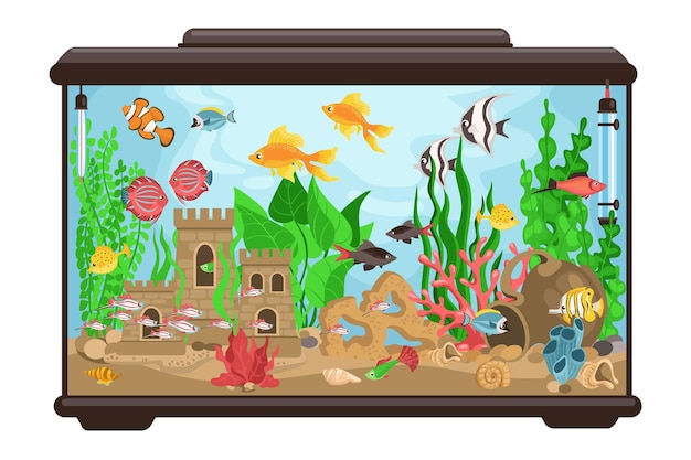 Аквариум с рыбой мультяшный аквариум подводная декоративная среда обитания золотых рыбок многоцветные творения разных пород морские животные и водные замки великолепный векторный стеклянный контейнер