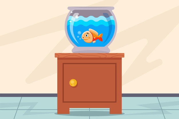 aquarium with fish on the table flat vector illustration