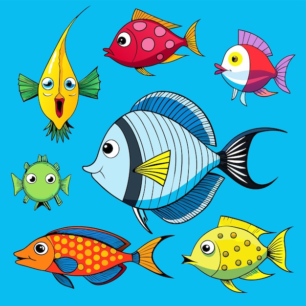 Vector aquarium zeedieren tropische onderwater vissen mariene dieren in het wild met de hand getekende platte stijlvolle cartoon